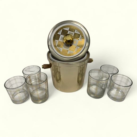 Georges Briones Gold Tone Ice Bucket w 6 Mid Century Plaid Print Rocks Glasses - Picture 10 of 10